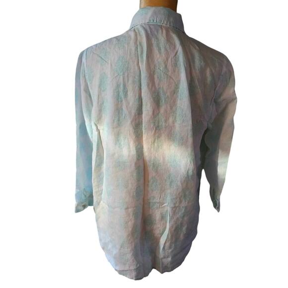 J. Jill Teal Linen Patterned Button Down Beach Coastal Pleated Shirt Medium - Picture 4 of 8